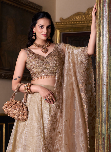 Golden Color Plain Silk Lehenga With Zari Embroidered Work Blouse